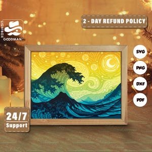 3d The Great Wave Silhouette, Shadow Box Templates, Paper Cut, Files for cricut, for Silhouette, Laser Cut Files, 3d Layered Art