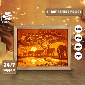 Silueta de elefante en 3D, plantillas para cajas de sombras, corte de papel, archivos para Cricut, Silhouette y corte láser, arte en capas 3D