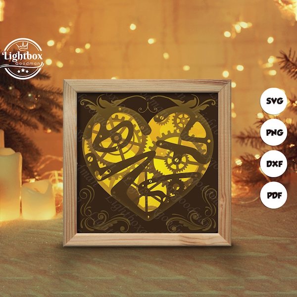 Heart Gear 3 Shadow Box Files, Paper Cut Light Box Template Files, Shadow Box Paper Cut, 3D Papercut Light Box SVG File DIY, Cutting Cricut