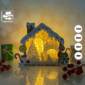 Fireplace Gingerbread House Box Lantern SVG - Xmas Lantern Paper Cut - DIY Paper Lantern - Paper Cutting Template - Xmas Lantern Template