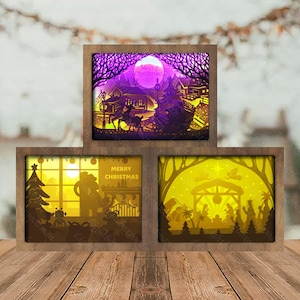 Combo 3 templates Christmas 6 Paper cut light box template, shadow box, 3D papercut lightbox svg file DIY, cutting Cricut, Sillhouette