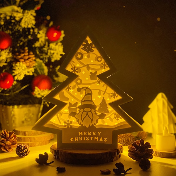 Christmas Gnome shadow box svg, Gnome tree svg, tree paper lantern svg, cricut files, cutting lamp 3D shadow box