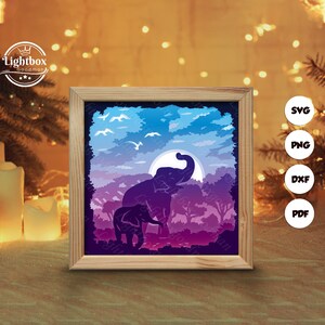 Silueta de elefante 3D, plantillas de caja de sombras, corte de papel, archivos para Cricut, para Silhouette, archivos de corte láser, arte en capas 3D 4