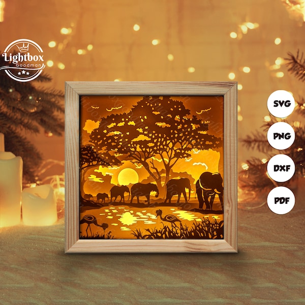 Elephant 1 Shadow Box Files, Paper Cut Light Box Template Files, Shadow Box Paper Cut, 3D Papercut Light Box SVG File DIY, Cutting Cricut