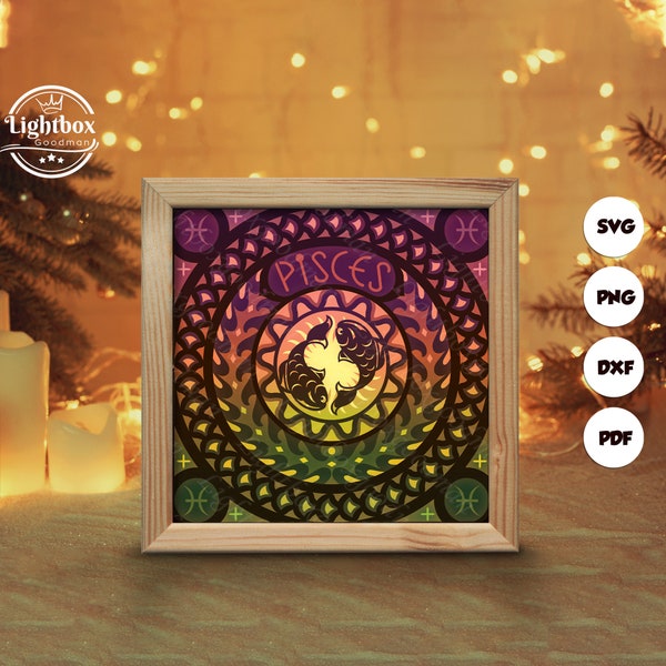 Pisces 12 Shadow Box Files, Paper Cut Light Box Template Files, Shadow Box Paper Cut, 3D Papercut Light Box SVG File DIY, Cutting Cricut