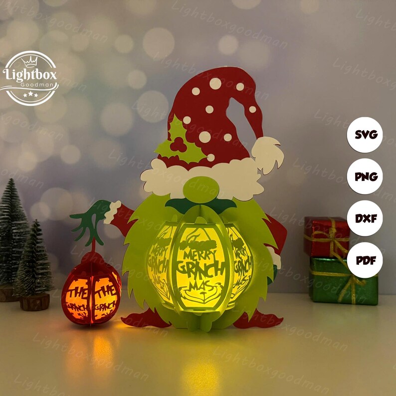 Lantern Gnome Christmas Shadow Box Svg, Lantern Gnome Christmas Svg