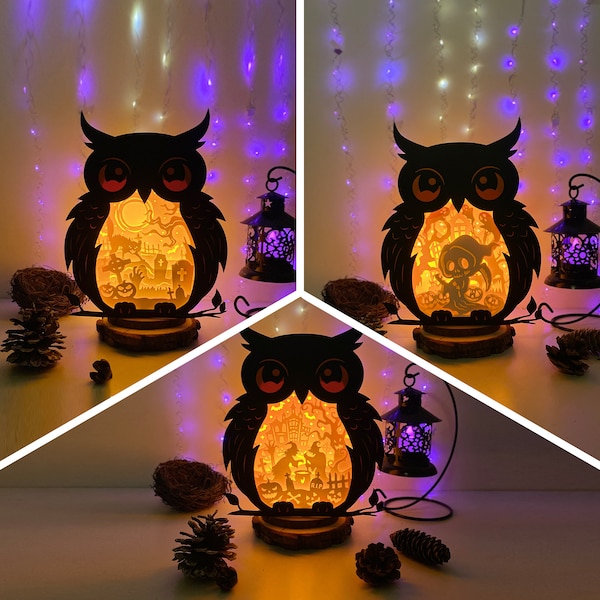 Pack 3 Halloween 2 Owl Shadow Box SVG For Cricut Projects DIY, Halloween Owl Box Lantern For Christmas Decoration, Cutting Cricut