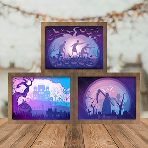Combo 3 templates Halloween 4 Paper cut light box template, shadow box, 3D papercut lightbox svg file DIY, cutting Cricut, Sillhouette