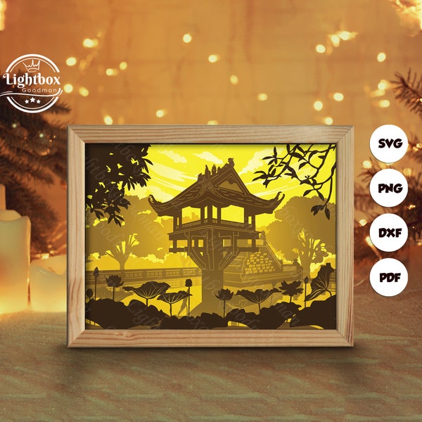 One Pillar Pagoda Shadow Box Files, Paper Cut Light Box Template Files, Shadow Box Paper Cut, 3D Papercut Light Box SVG File DIY