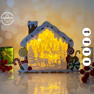 Christmas Deer Gingerbread House Box Shadow Box SVG For Cricut Projects DIY, Gingerbread House Box Lantern For Christmas Decoration