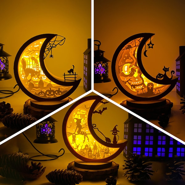 Pack 3 Halloween 2 Moon Shadow Box SVG For Cricut Projects DIY, Cat Moon Lantern For Halloween Decoration