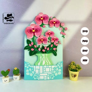 Könnte beinhalten: Ein Papierblumenarrangement mit Orchideen, mit rosa und magenta Blüten und grünen Blättern. Das Design ist vor einem hellblauen Hintergrund mit einem dekorativen Rand angeordnet. Das Goodman Lightbox-Logo befindet sich oben links.