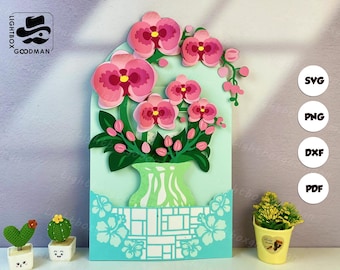 Flower Vase Orchid Pop-Up Card SVG: Paper Lantern Template (Digital Download)