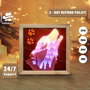 3d Wolf Silhouette, Shadow Box Templates, Paper Cut, Files for cricut, for Silhouette, Laser Cut Files, 3d Layered Art
