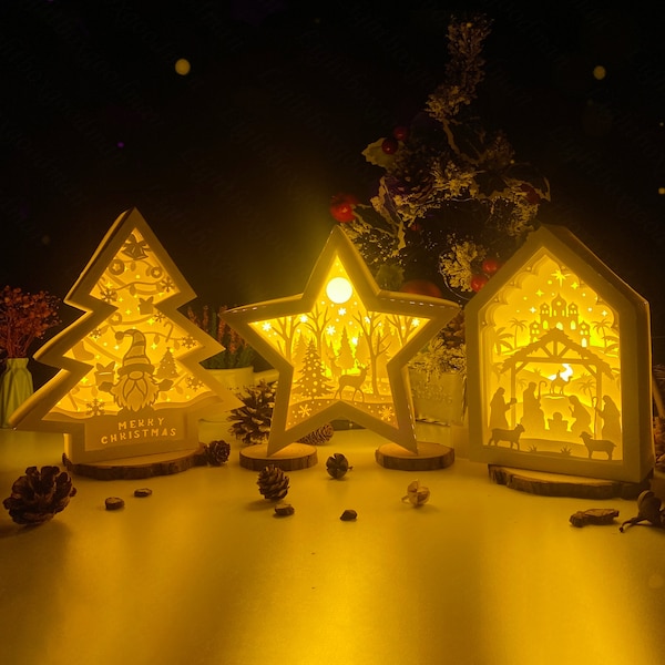Pack 3 Joyeux Noël 1 boîte d’ombre SVG - 3D Noël SVG - Modèle de boîte lumineuse découpée en papier de Noël - svg pour Cricut - svg pour silhouette