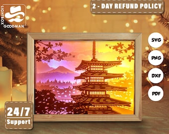 3d Japanese Pagoda Silhouette, Shadow Box Templates, Paper Cut, Files for cricut, for Silhouette, Laser Cut Files, 3d Layered Art