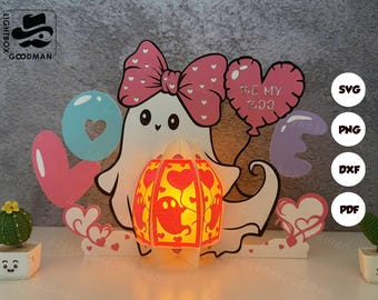 Ghost Valentine Paper Lantern SVG Template: Valentine Papercut DIY (Digital Download)