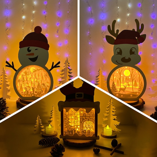 Pack 3 Christmas 1 Shadow Box SVG For Cricut Projects DIY, Christmas Box Lantern For Christmas Decoration, Cutting Cricut