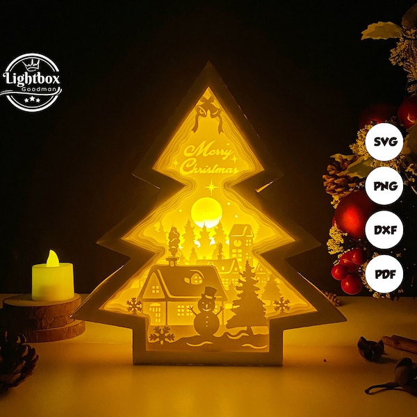 Christmas 2 shadow box svg, Christmas tree svg, tree paper lantern svg, cricut files, cutting lamp 3D shadow box