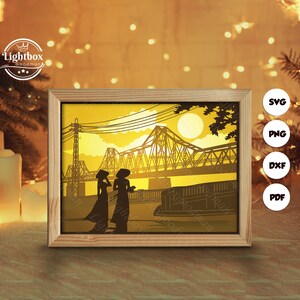 3D Long Bien Brücke Silhouette, Schattenbox Vorlagen, Papierschnitt, Dateien für Cricut, für Silhouette, Laser Cut Files, 3D-Schichtkunst