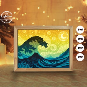 Silhouette 3D de la grande vague, modèles de boîte d'ombre, papier découpé, fichiers pour cricut, pour la silhouette, fichiers découpés au laser, art en couches 3D