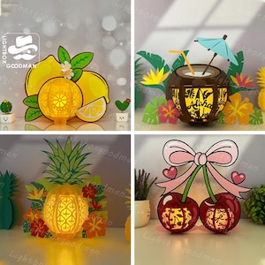 Pack 4 fruitlantaarn SVG - fruitlantaarn op papier gesneden - DIY papieren lantaarn - papiersnijsjabloon - sjabloon fruitlantaarn