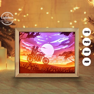 Amour au coucher du soleil 3D, modèles de boîte d'ombre, papier découpé, fichiers pour cricut, pour la silhouette, fichiers découpés au laser, art en couches 3D