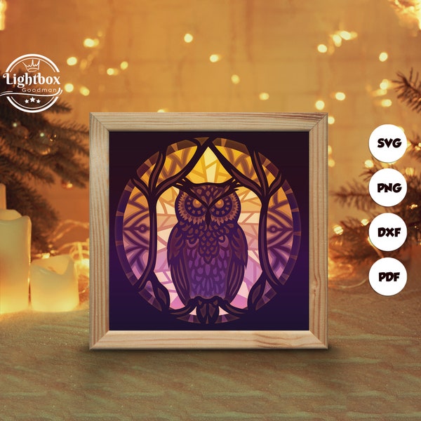 Owl 2 Shadow Box Files, Paper Cut Light Box Template Files, Shadow Box Paper Cut, 3D Papercut Light Box SVG File DIY, Cutting Cricut