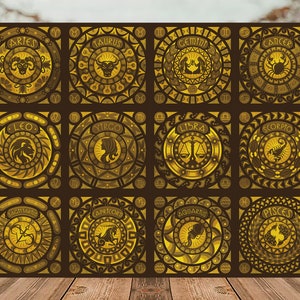 Combo 12 modelos de caixa de luz de corte de papel do zodíaco, caixa de sombra, arquivo svg de caixa de luz de corte de papel 3D faça você mesmo, corte Cricut, silhueta