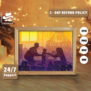 Silueta familiar en 3D, plantillas de caja de sombras, corte de papel, archivos para Cricut, para Silhouette, archivos de corte láser, arte en capas en 3D 2