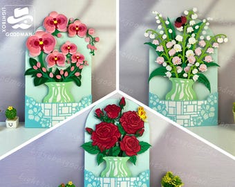 Pack 3 Flower Pop-Up Card SVG: Paper Lantern Template (Digital Download)