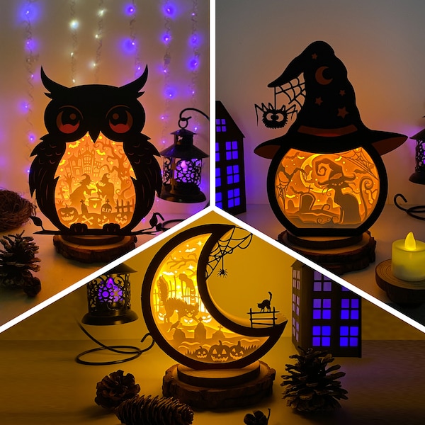 Pack 3 Halloween 2 Shadow Box SVG For Cricut Projects DIY, Halloween Box Lantern For Christmas Decoration, Cutting Cricut