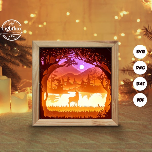 Deer 2 Shadow Box Files, Paper Cut Light Box Template Files, Shadow Box Paper Cut, 3D Papercut Light Box SVG File DIY, Cutting Cricut