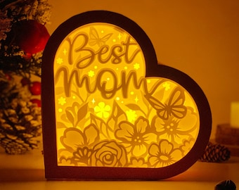 Love Mom 2 caja de sombras svg, Love Mom Heart svg, Linterna de papel de corazón svg, archivos cricut, lámpara de corte 3D caja de sombras