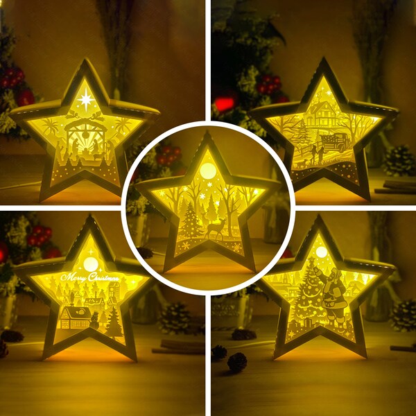Pack 5 Merry Christmas Star Shadow Box SVG For Cricut Projects, Star Lantern For Christmas Decoration, Light Box Template, Christmas Lamp Pack 5 Merry Christmas Star Shadow Box SVG For Cricut Projects, Star Lantern For Christmas Decoration, Light Box Template, Christmas Lamp