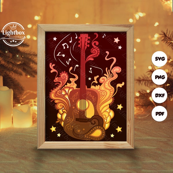 Guitar Shadow Box Files, Paper Cut Light Box Template Files, Shadow Box Paper Cut, 3D Papercut Light Box SVG File DIY, Cutting Cricut