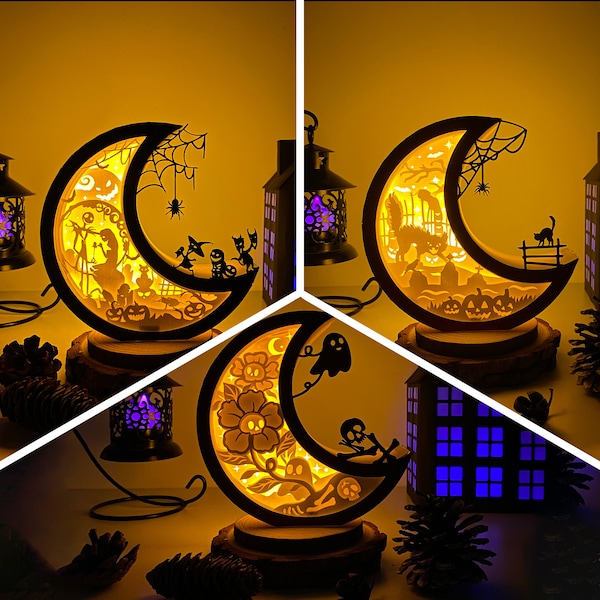 Pack 3 Halloween 1 Moon Shadow Box SVG For Cricut Projects DIY, Moon Lantern For Halloween Decoration