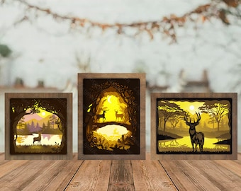 Combo 3 templates Deer 1 Paper cut light box template, shadow box, 3D papercut lightbox svg file DIY, cutting Cricut, svg template Cricut