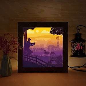 Silhouette 3D de ferme américaine, modèles de boîte d'ombre, papier découpé, fichiers pour cricut, pour silhouette, fichiers découpés au laser, art en couches 3D 1