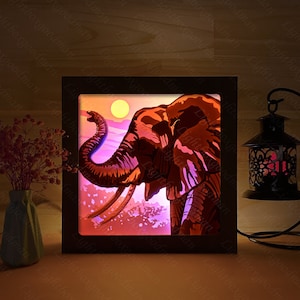 Silhueta de elefante 3D, modelos de caixa de sombra, corte de papel, arquivos para Cricut, para Silhouette, arquivos cortados a laser, arte em camadas 3D