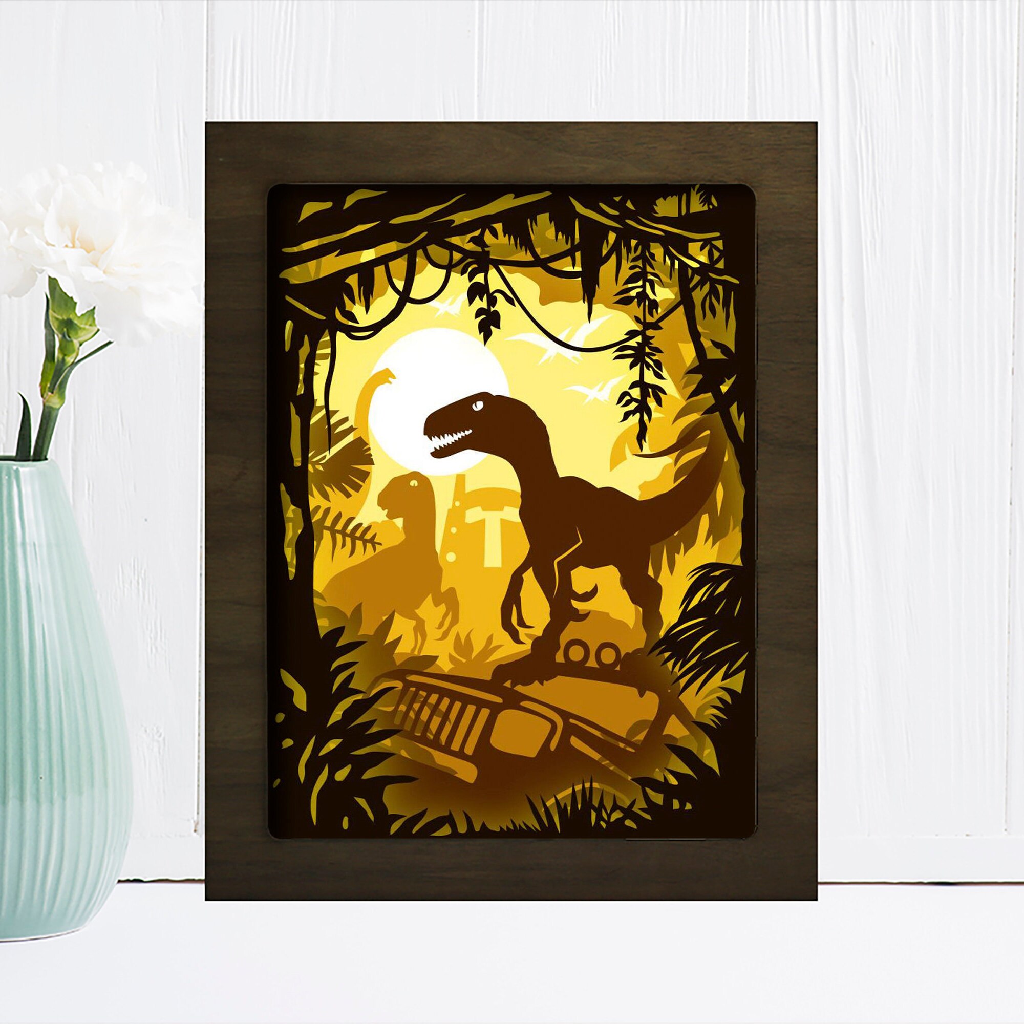 Dinosaur Shadow Box Light Box 3D Paper Cut Gift For Him Etsy