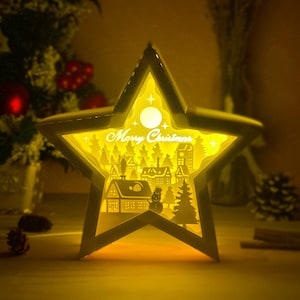 Lanterna Estrela de Vila Feliz Natal SVG - Lanterna de Natal Recortada em Papel - Lanterna de Papel DIY - Modelo de Recorte de Papel - Modelo de Lanterna de Natal