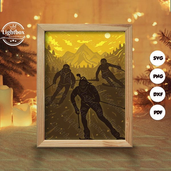 Skiing Shadow Box Files, Paper Cut Light Box Template Files, Shadow Box Paper Cut, 3D Papercut Light Box SVG File DIY, Cutting Cricut