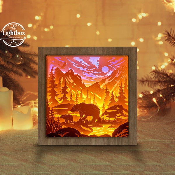 Bear In The Forest Paper Cut Light Box, Shadow Box, Night Light Bedroom, Shadow Box Gift, Anniversary, Gift For Him, gift for her, handmade