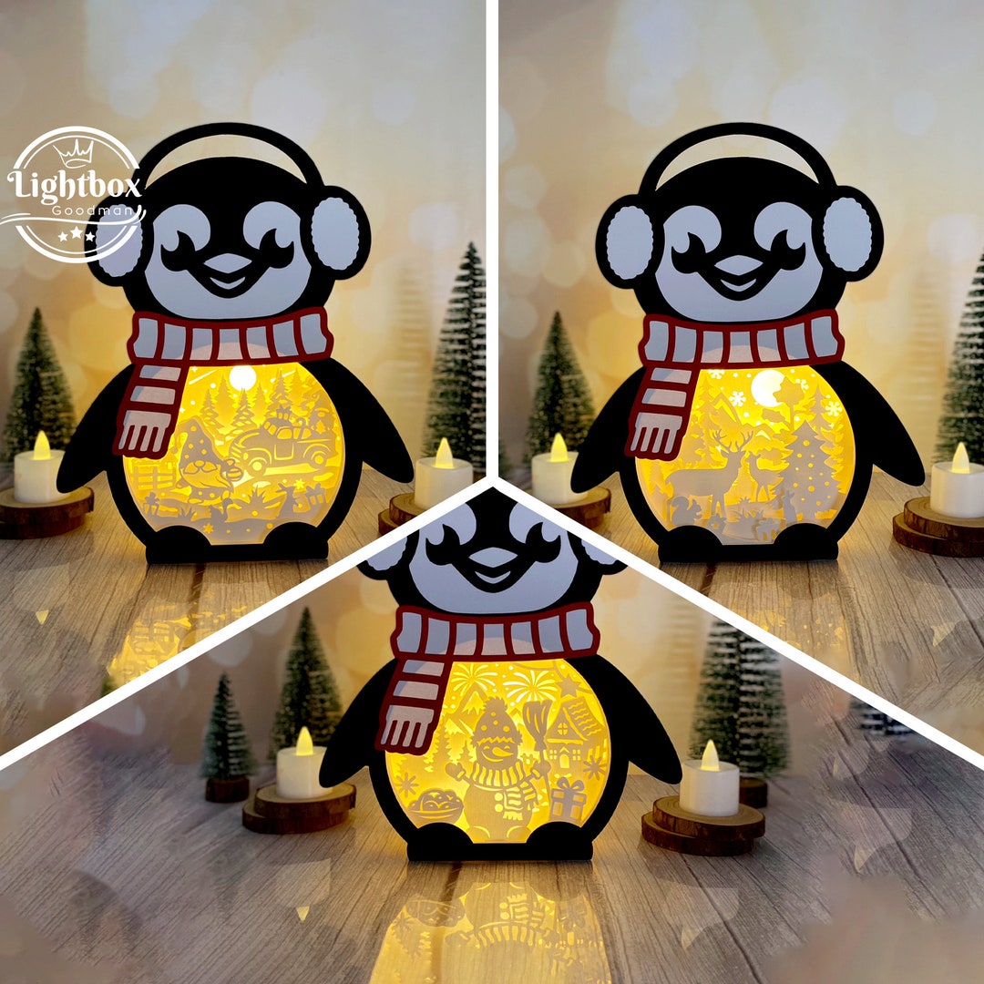 Pack 3 Christmas 2 Penguin Lanterns Shadow Box SVG for Cricut Projects