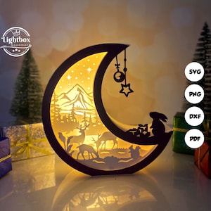 Lanterne de Noël cerf lune SVG - lanterne de Noël en papier découpé - lanterne en papier pour travaux manuels - modèle de découpe de papier - modèle de lanterne de Noël