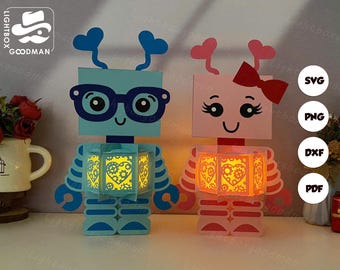 Robot Couple Lantern SVG: Valentine's Day Paper Cut Template (Digital Download)