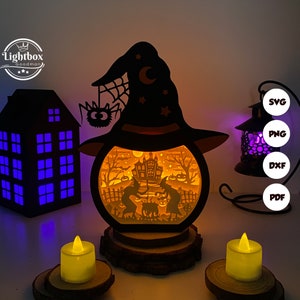 Lanterna de chapéu de bruxa SVG - Lanterna de Halloween com corte de papel - Lanterna de papel faça você mesmo - Modelo de corte de papel - Modelo de lanterna de Halloween