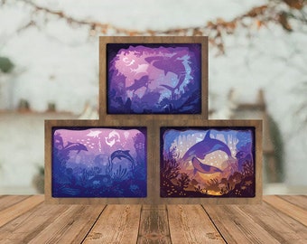 Combo 3 templates Ocean 1 Paper cut light box template, shadow box, 3D papercut lightbox svg file DIY, cutting Cricut, svg template Cricut