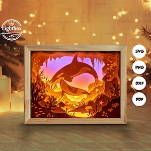 Silhouette 3D d'épaulard, modèles Shadow Box, papier découpé, fichiers pour cricut, pour Silhouette, fichiers découpés au laser, art en couches 3D